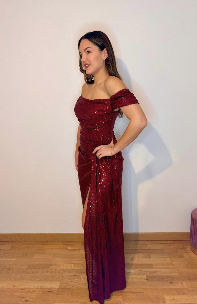 Robe de soirée longue col bateau à paillette - Bordeaux