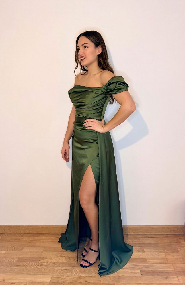 Robe de soirée longue col bateau en Satin - Kaki